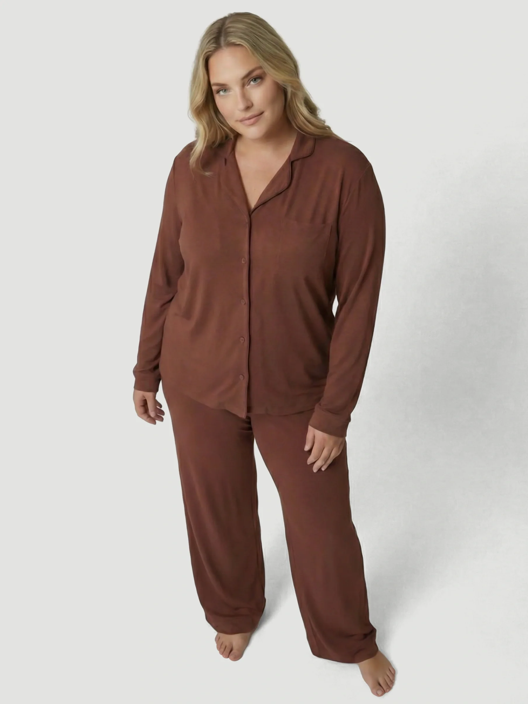 Brown Oversized Jersey Pocket Detail Long PJ Set - Image 10