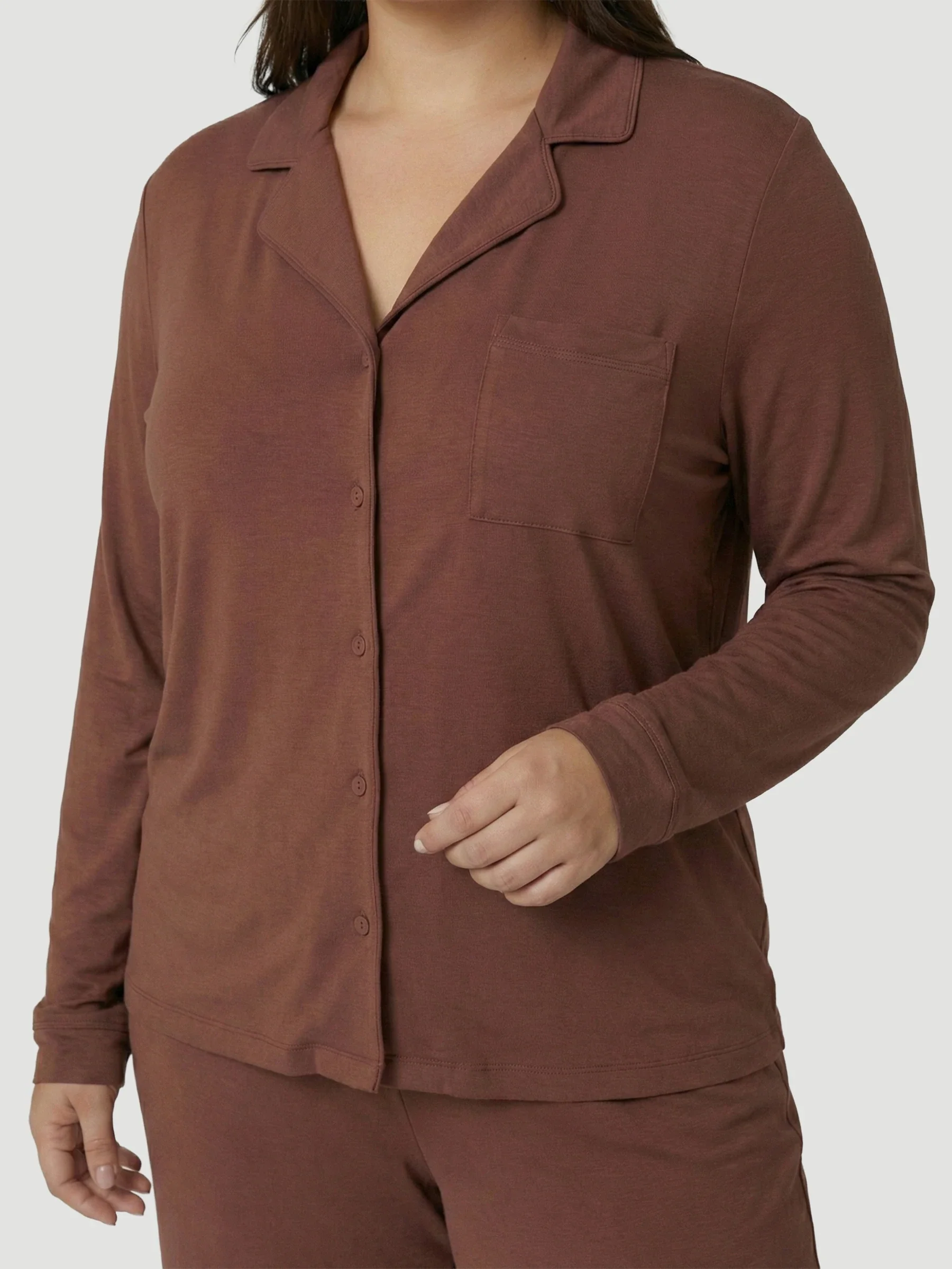 Brown Oversized Jersey Pocket Detail Long PJ Set - Image 11