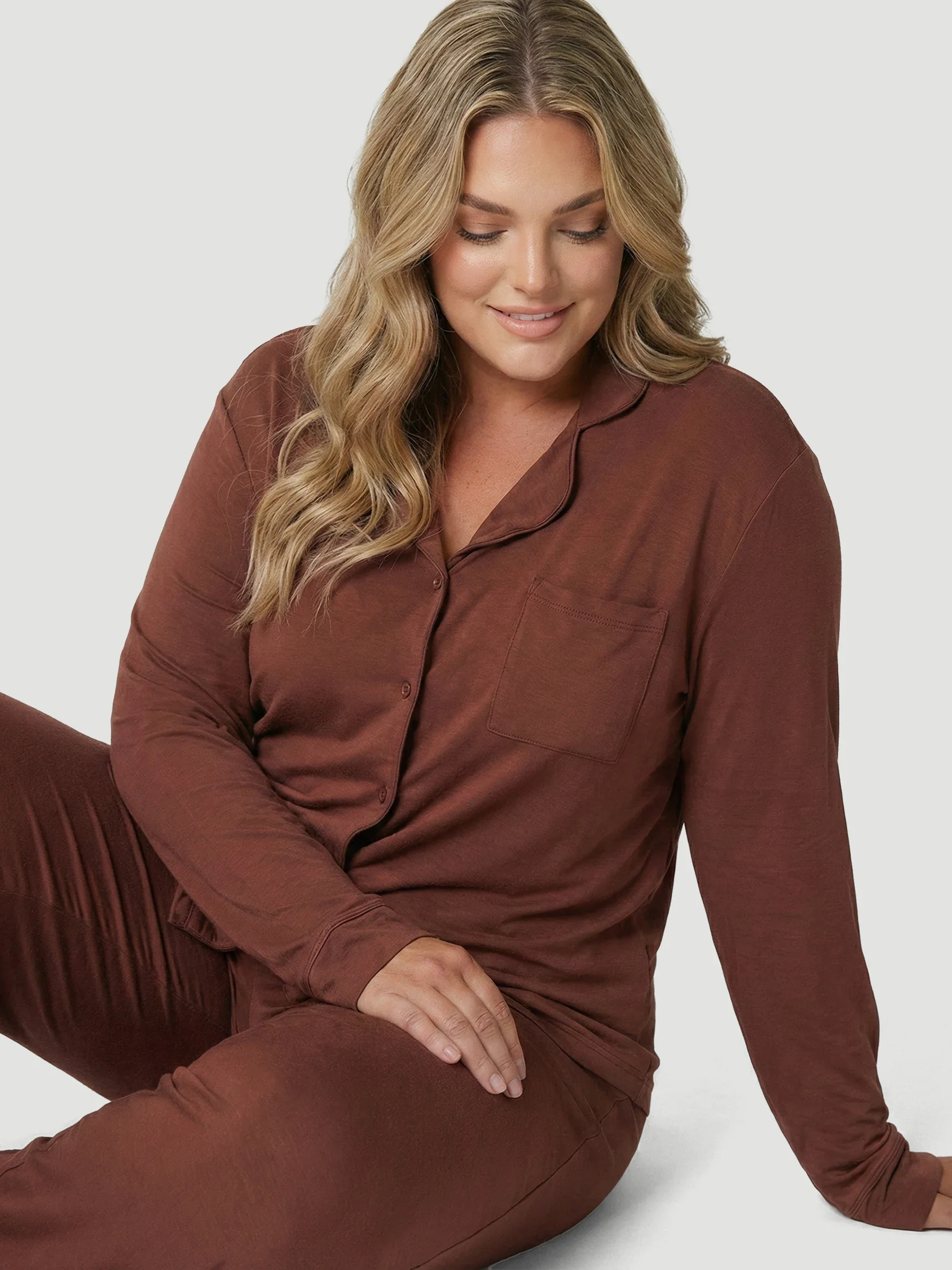 Brown Oversized Jersey Pocket Detail Long PJ Set - Image 9