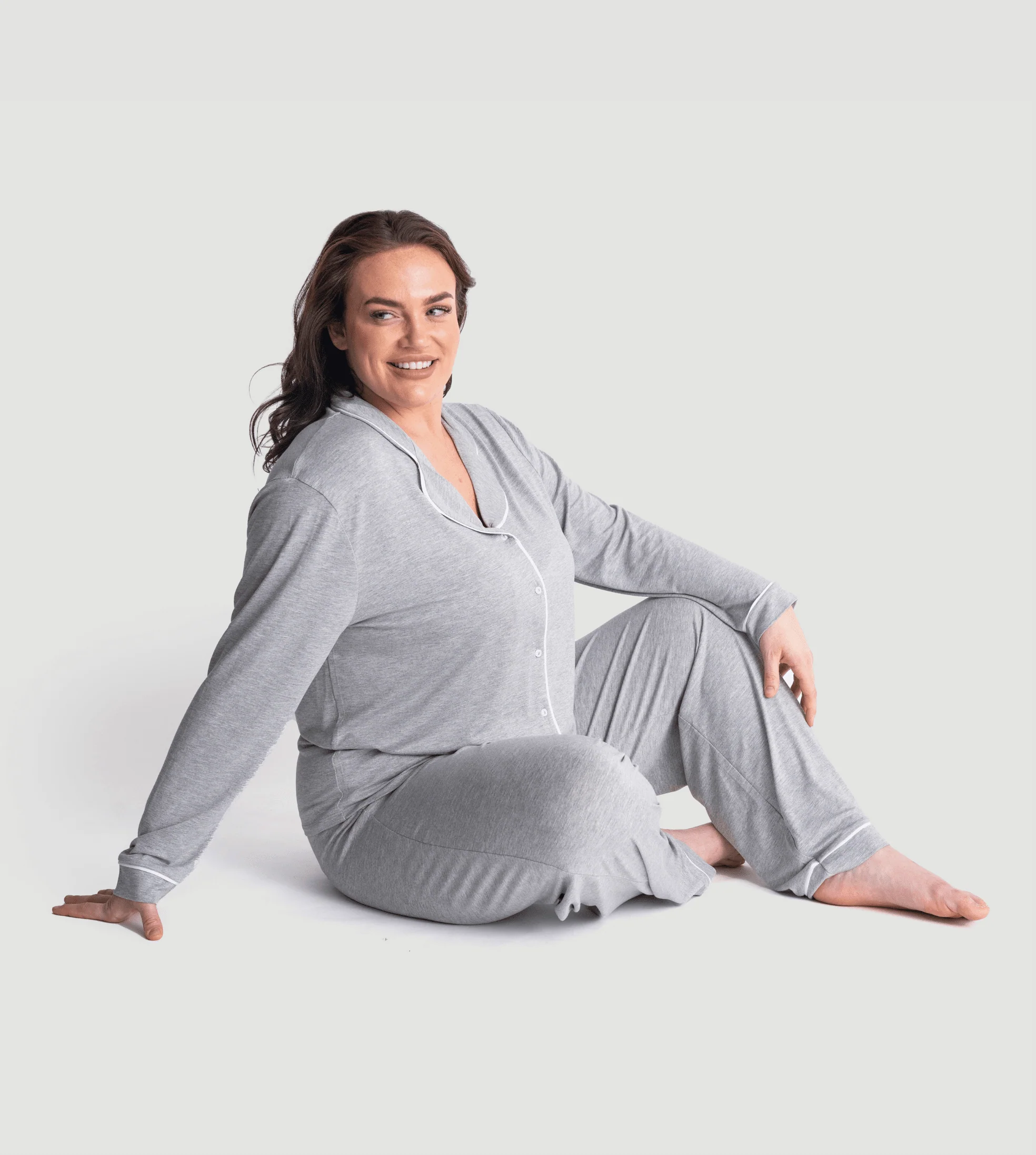 Marl Grey Oversized Jersey Piping Detail Long PJ Set - Image 5