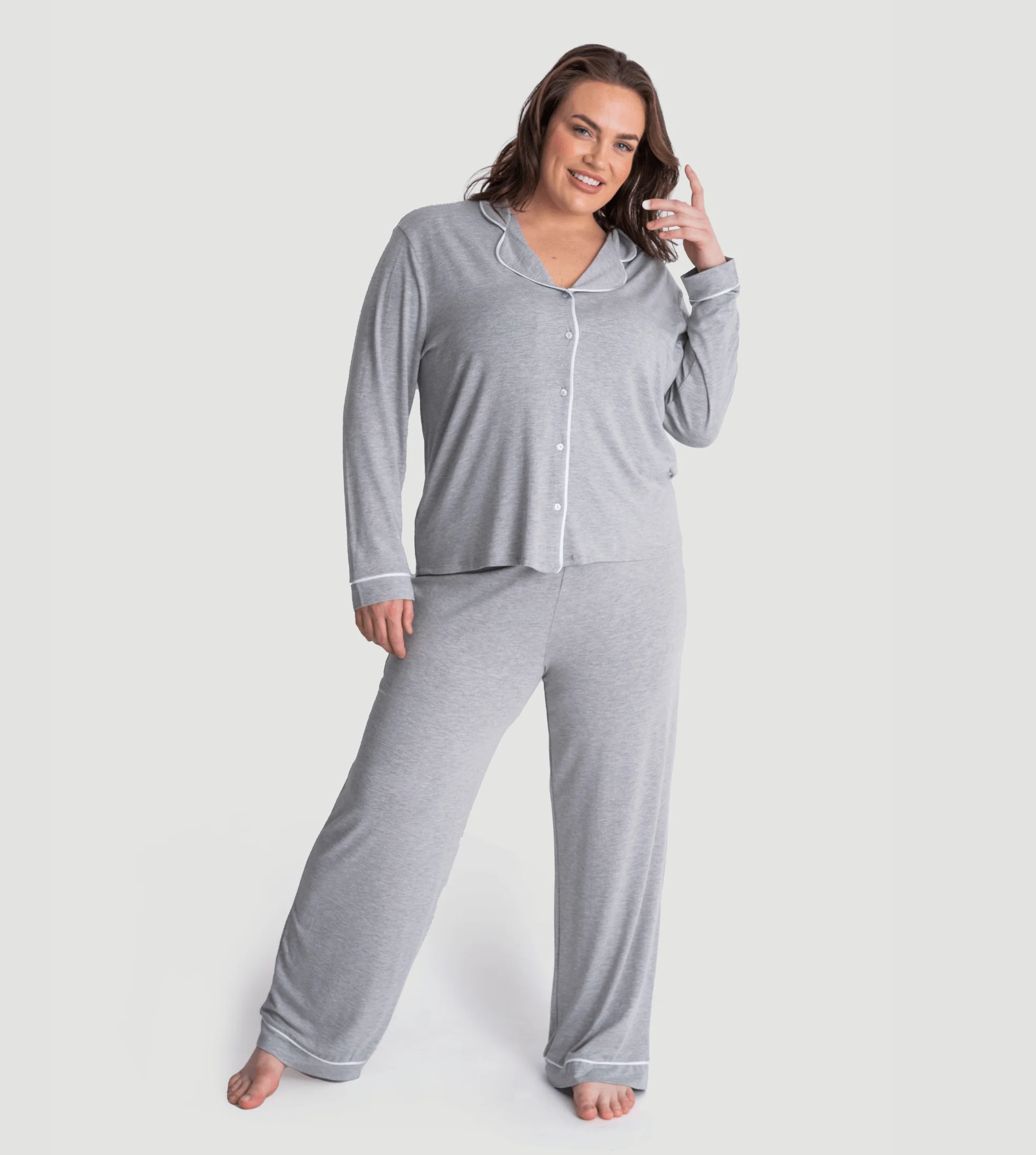 Marl Grey Oversized Jersey Piping Detail Long PJ Set - Image 6