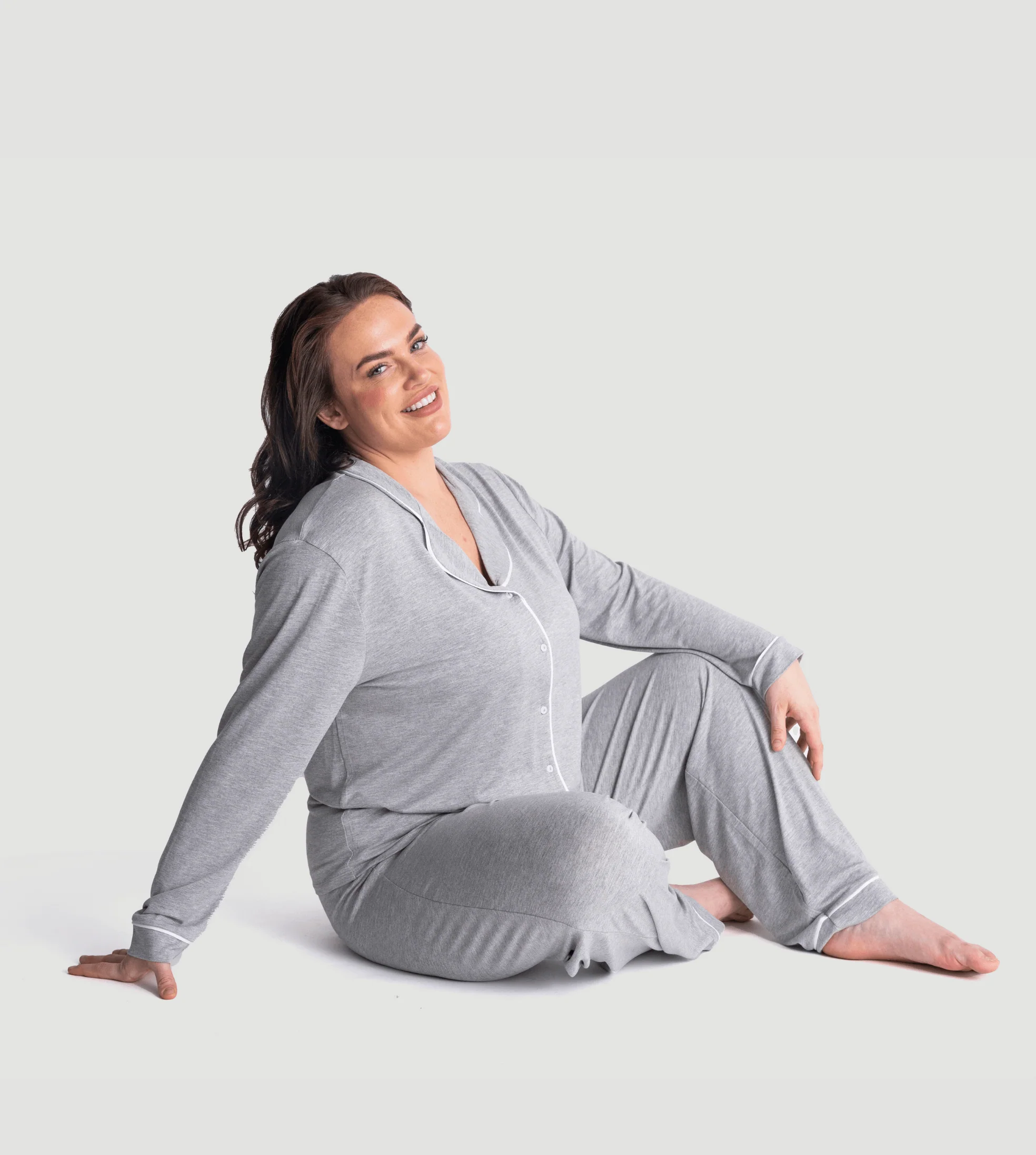 Marl Grey Oversized Jersey Piping Detail Long PJ Set - Image 8