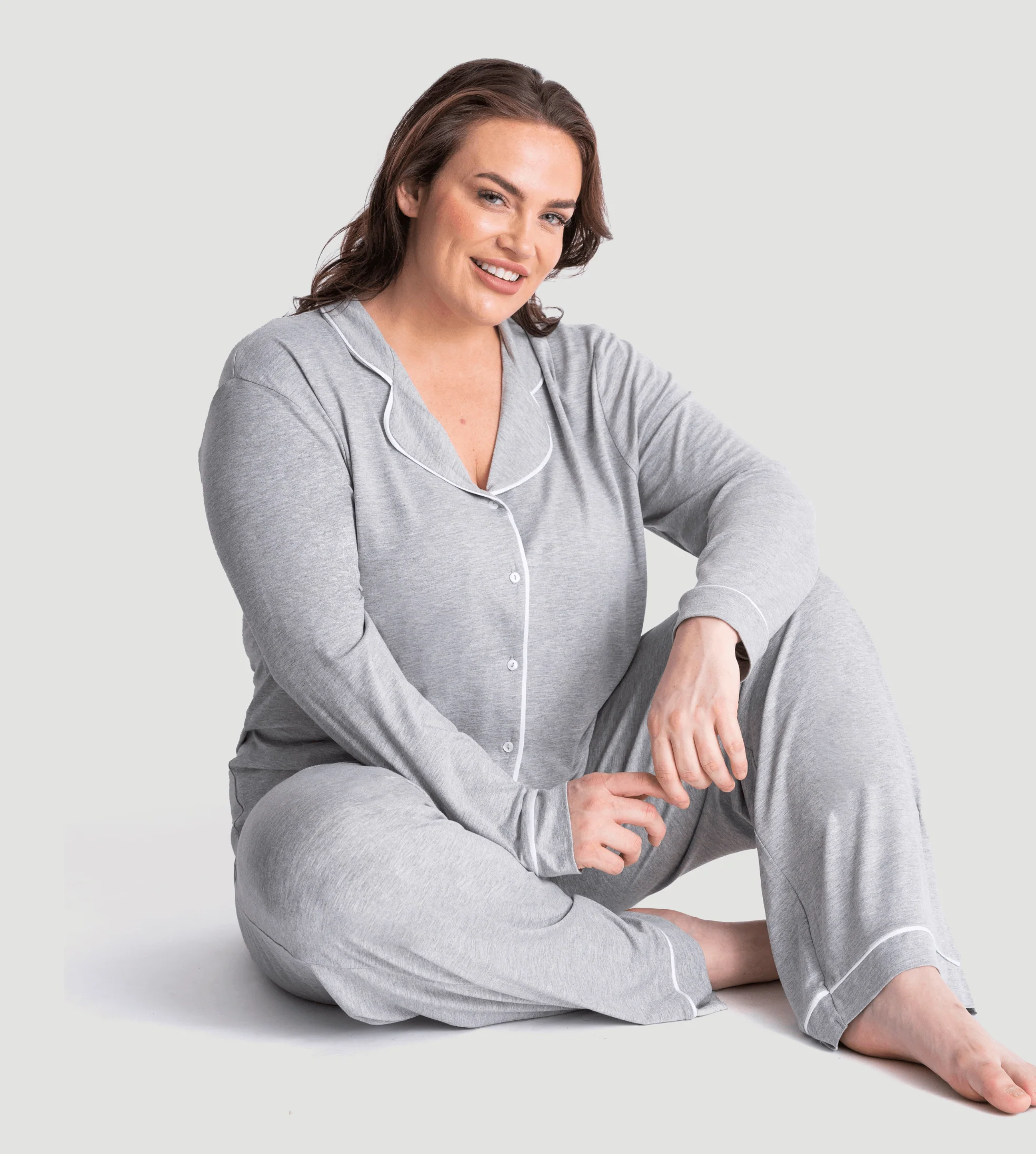 Marl Grey Oversized Jersey Piping Detail Long PJ Set - Image 9