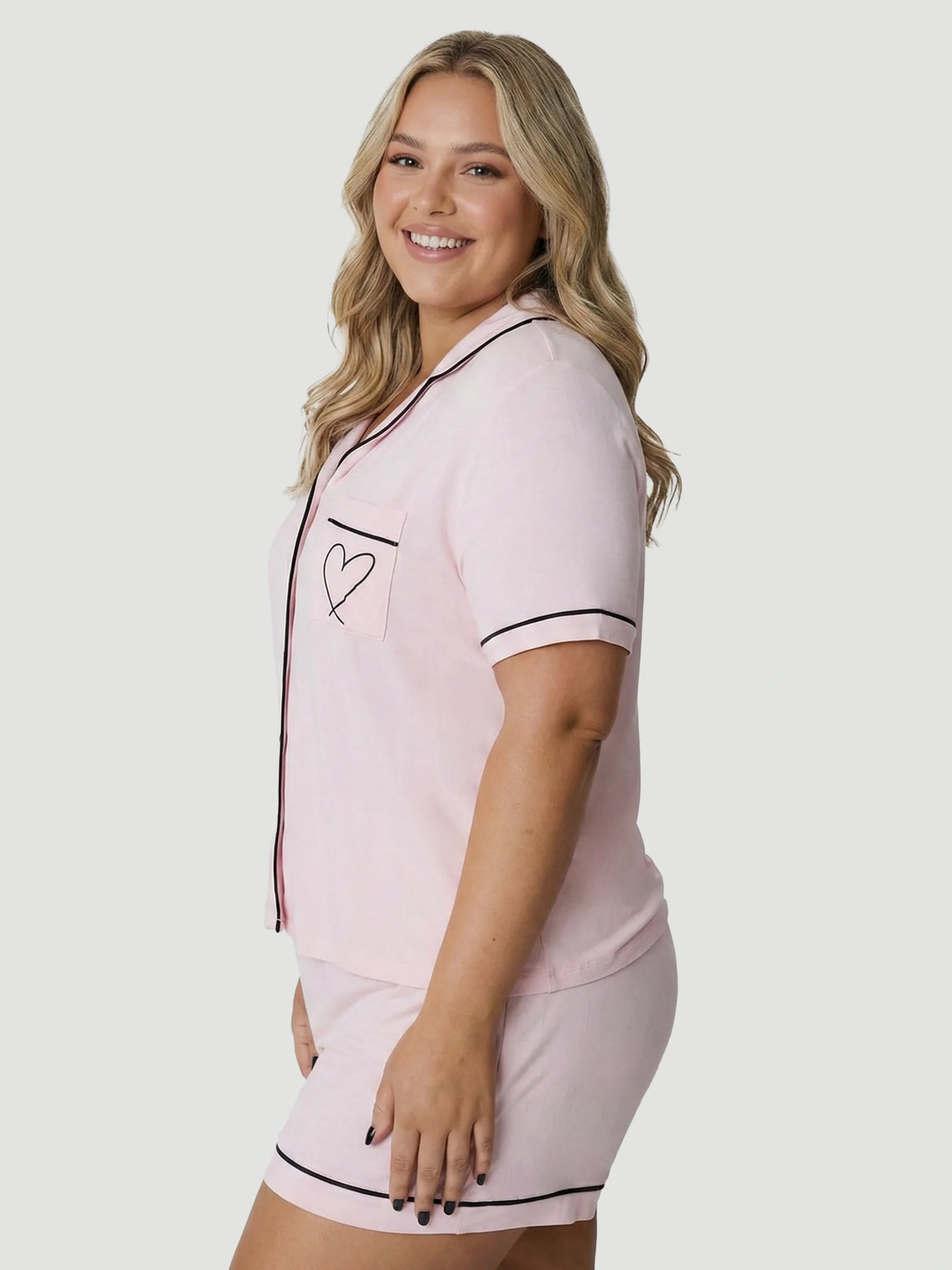 Pink Oversized Jersey Black Piping Detail Short PJ Set - Image 3